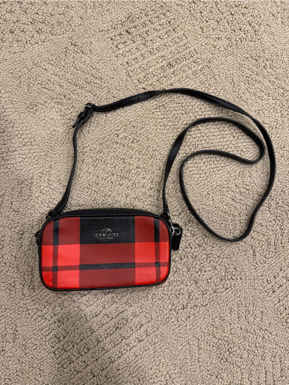 Coach Red and Black Plaid Crossbody Camera Bag
